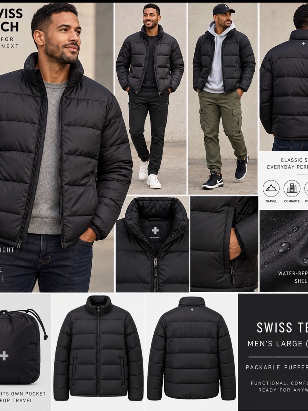 Swiss Tech Black Men's Packable Puffer Jacket Sz L 42-44